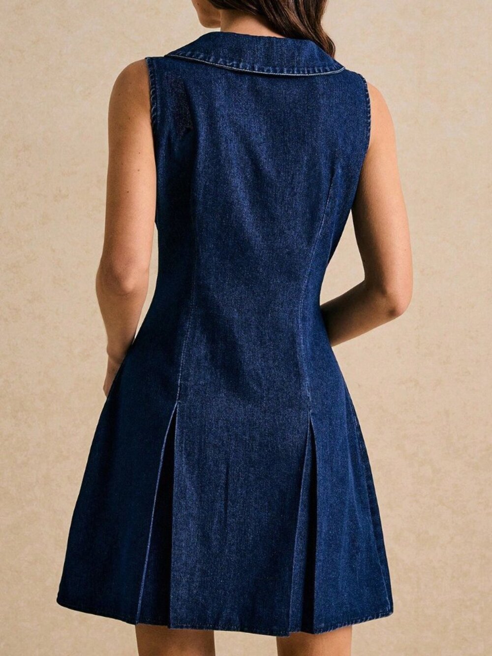 Dark Wash Casual Women's Front Button Pleated Sleeveless Denim Mini Dress - Picture 2 of 5